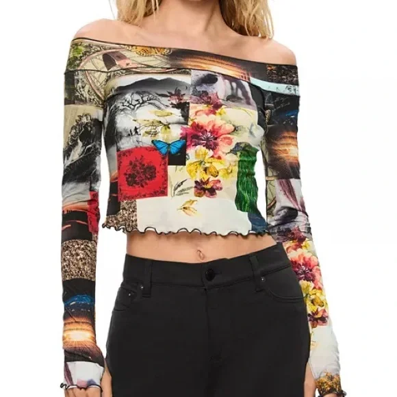 Alice + Olivia Multicolor Floral Patchwork Off-Shoulder Crop Top - Picture 1 of 6
